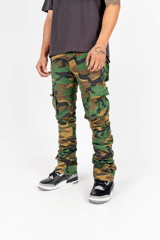 "CAMO STACKED FLARE JEANS"
