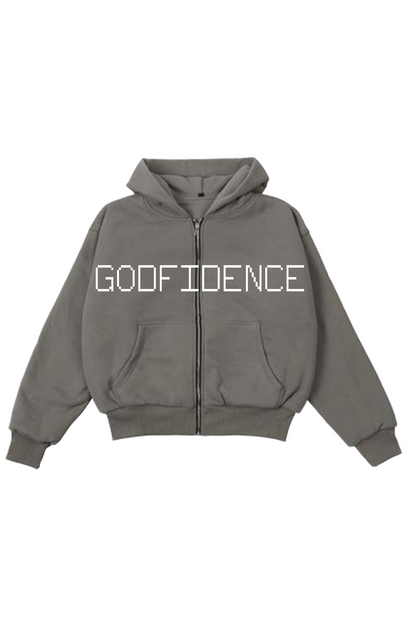 Gray hoodie with 'GODFIDENCE' text on a white background