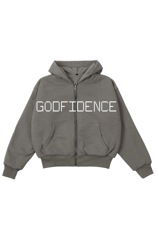 Gray hoodie with 'GODFIDENCE' text on a white background